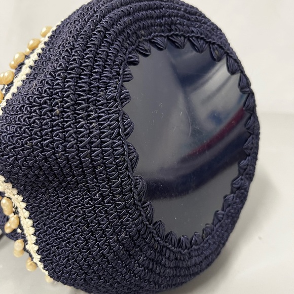 VTG 40s Navy Nautical Pearls Cinch Pouch Handbag Bag Purse Fabric